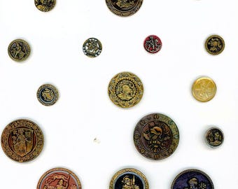 Spectacular!!!   card of 24 Arms and Armor metal picture buttons small and Large lots of different designs