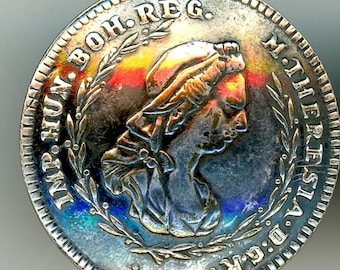 Vintage Maria Theresa of Spain ruled France button stamped white metal convex coin- like a verbal IMP.Hun.Boh.Reg.M Theresa.D.G.R  CONS