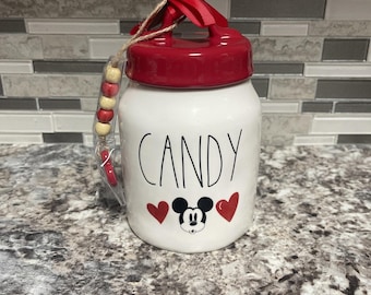 RAE DUNN x DISNEY Mickey Mouse Valentines Candy Canister Hearts & Red Lid New