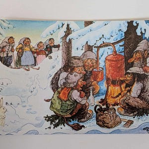 Vintage Rolf Lidberg Weihnachtstroll Postkarte - God Jul schwedische Trolle Winterszene - Sammlerstück Nordische Feiertagskarte