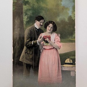 Carte postale édouardienne Couple amoureux | Carte romantique antique teintée à la main | Voeux de Noël vintage Norvège des années 1900