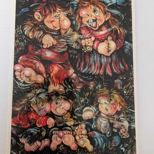 Norwegian Troll Postcard by D. Salmè – Atelier Art – Barefoot Trolls with Fiddles – Nordic Folklore – Colorful Fantasy Art