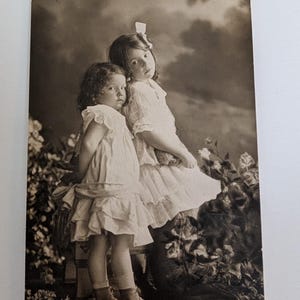 Vintage postcard Hanna & Fanny, real photo RPPC girls in dresses, early 1900s German photo studio