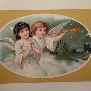 carte postale vintage ange Norvège, message anti-alcool, anges de Noël célestes avec trompette, carte de style milieu du siècle