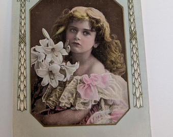 Edwardian Girl Postcard with Lilies, Embossed Gold Border, Sent in 1910, Printed in Saxony, Antique Artchrom Series 4037