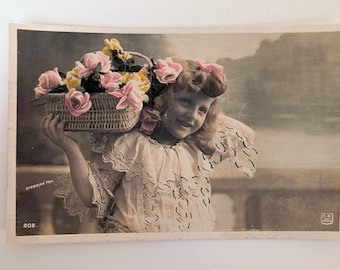 Antique Real Photo Postcard Girl with Hydrangeas – Hand Tinted Stebbins 202 RPPC French Vintage Child Portrait