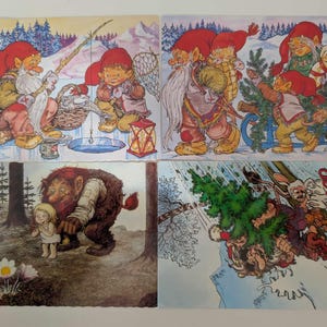 Pacote de 4 cartões postais escandinavos vintage de trolls usados – Arte de Natal e fantasia de vários artistas