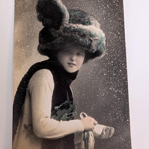 Vintage RPPC Postcard Girl in Fur Hat – Hand-Colored Snow Scene, Norway Stamp, Mailed 1913, Antique Winter Photography