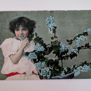 Antica cartolina norvegese "Ragazza con fiori", litografia colorata a mano, inviata a Skaranger, Norvegia, anni '90