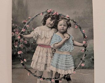 Antique 1910 Real Photo Postcard | Hand Tinted Girls with Floral Hoop | SS B Series 9174 | Edwardian Children RPPC
