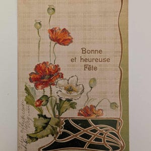 Postal Bonne et Heureuse Fête – Tarjeta de amapola en relieve Art Nouveau, saludo francés vintage de Bélgica a principios de 1900