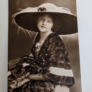 Vintage postcard 1913, glam woman in hat, Norway stamp, written, RPPC style, antique Edwardian photo card, signed Elise