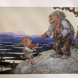 Cartão postal Rolf Lidberg Troll – Spelmannen No. 44 – Arte do folclore nórdico – Trolls tocando violino – Ilustração de fantasia sueca