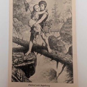 Cartão postal sueco antigo Fritiof e Ingeborg – Ilustração romântica na ponte de madeira, Oscar E. Kull Malmö – Sem uso c.1910