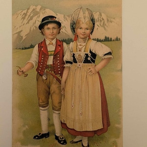Carte postale vintage 1910, Appenzell, Suisse, enfants en costumes folkloriques - Paysages alpins - Envoyée en Norvège