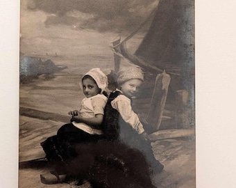Dutch Children Postcard RPPC, 1900s Netherlands Boat Scene, Vintage Real Photo, Traditional Clothing, Antique Photo Postcard