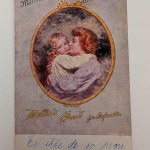 Antica cartolina pubblicitaria norvegese – Cibo per neonati Mellin’s – Arte per madri e bambini – Effimere dei primi anni del 1900