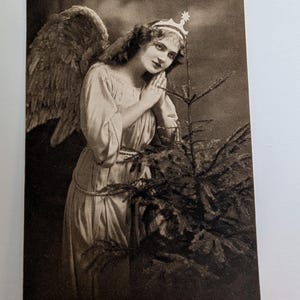 Vintage 1913 Christmas Postcard with Angel and Tree – Artgravure Printed in England – Antique Holiday Ephemera Norway