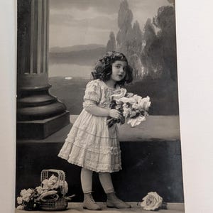 Antique RPPC Girl with Flowers – Early 1900s Real Photo Postcard – Norwegian Greeting Card – Vintage Child Photography
