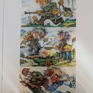 Pacchetto di 3 cartoline vintage Troll usate Norvegia degli anni '80 Arte folcloristica scandinava di Eirik Kvalsvik Collezione Troll Humor