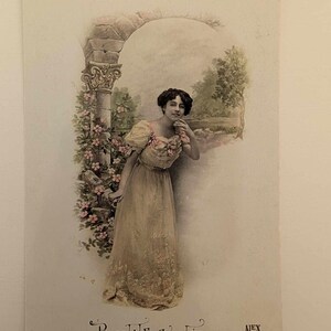 Cartão postal francês Bonne Année ALEX 703 – Mulher elegante no jardim, saudação vintage de Ano Novo, início dos anos 1900