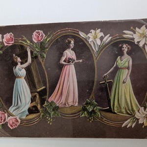 Art Nouveau postcard 1910s, Three women with flowers, embossed, printed in Saxony, used Norway 3 øre stamp