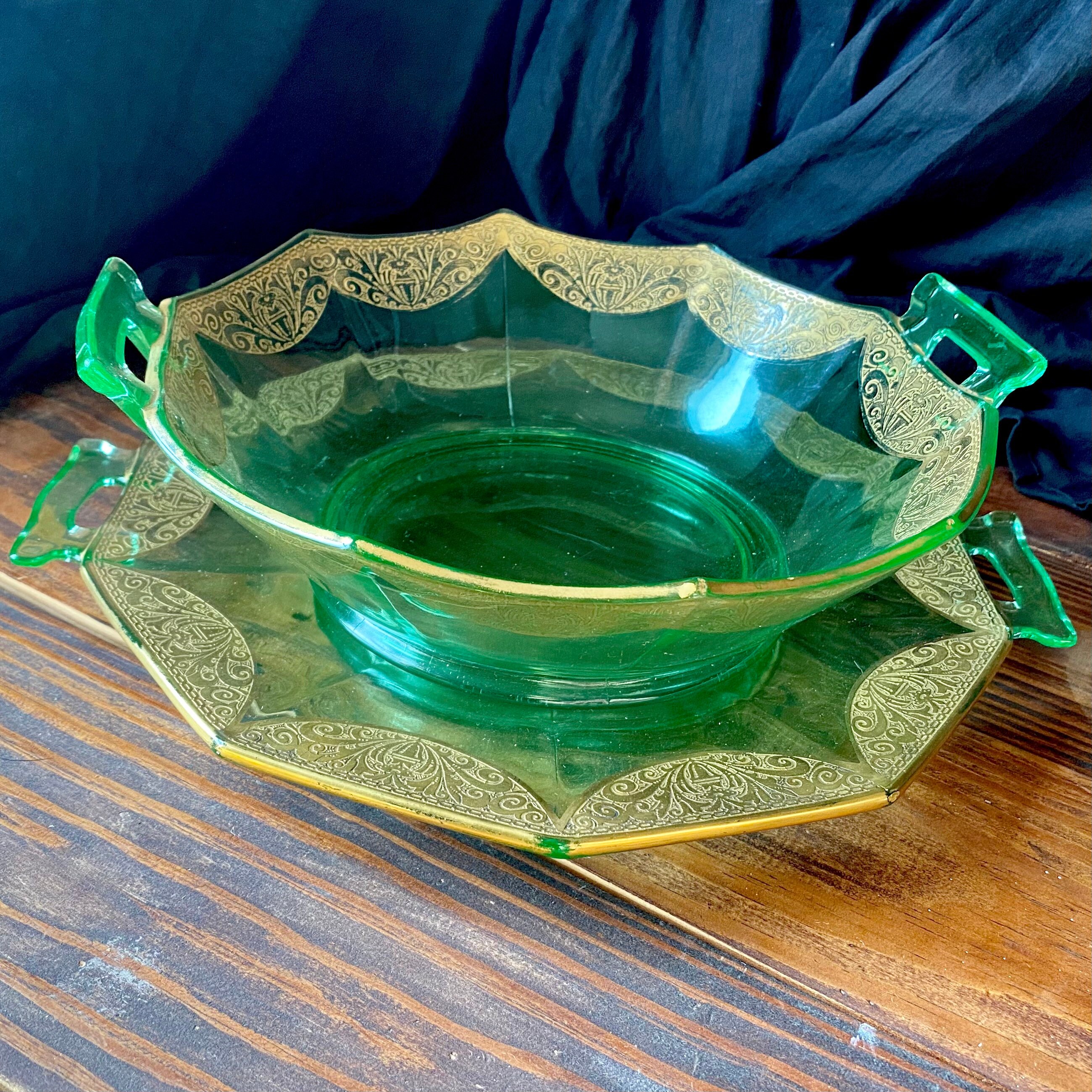 Cambridge Etched Uranium Glass Serving Bowl and Platter with Etsy