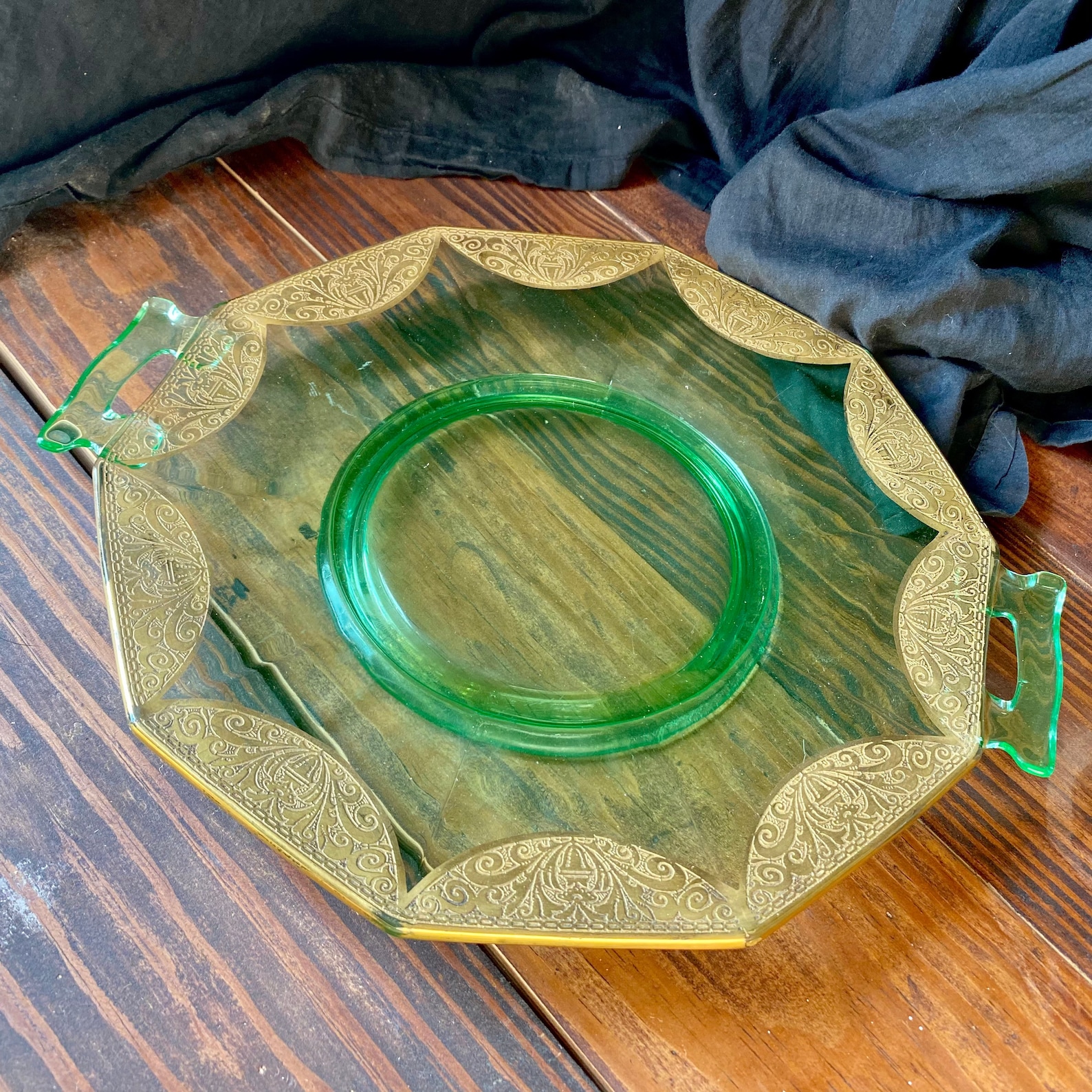 Cambridge Etched Uranium Glass Serving Bowl and Platter with Etsy