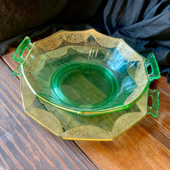 Cambridge Etched Uranium Glass Serving Bowl and Platter with Etsy