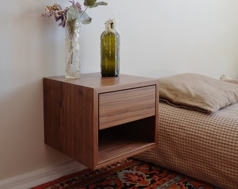 Floating Modern Nightstand with Drawer Mid Century Modern Bedside Table in Walnut Scandinavian Minimalist Wood Nightstand