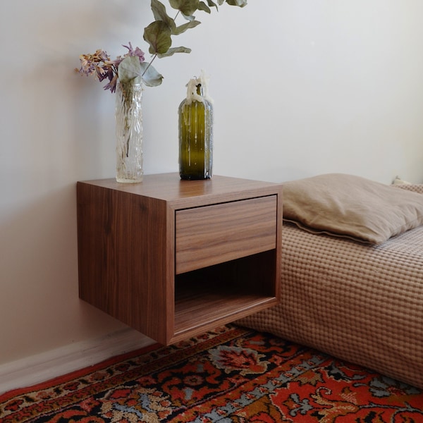 Floating Modern Nightstand with Drawer Mid Century Modern Bedside Table in Walnut Scandinavian Minimalist Wood Nightstand