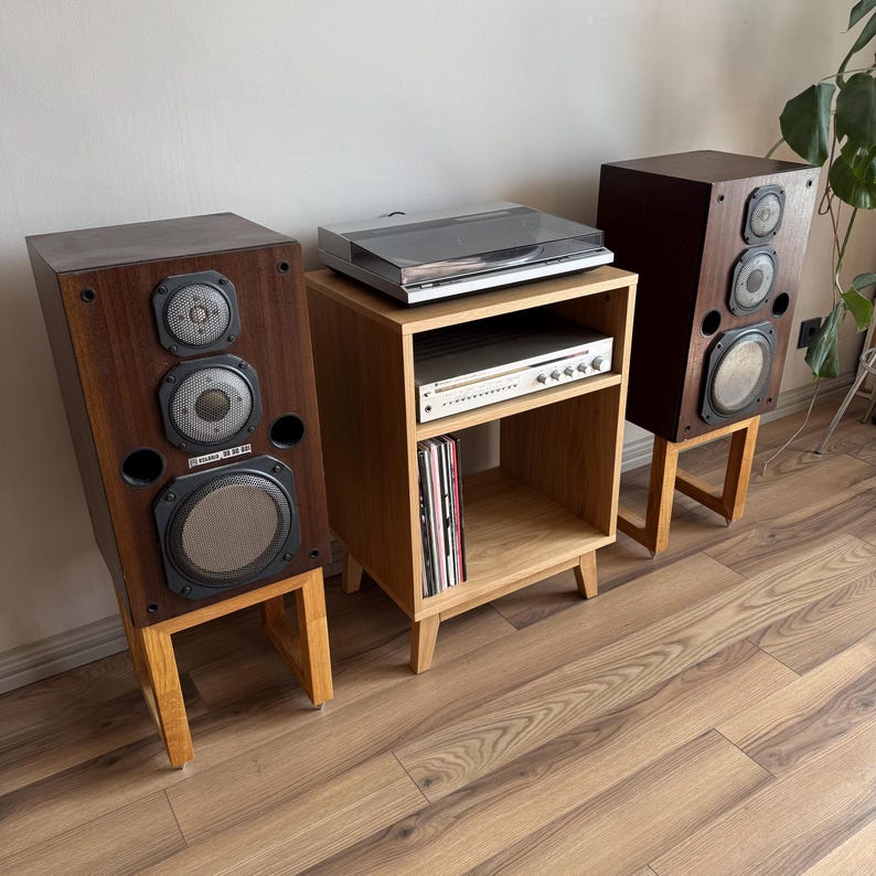 Puede incluir: Dos altavoces de madera oscura con tres controladores circulares cada uno, sobre soportes de madera clara. Entre ellos, un mueble multimedia de madera clara sostiene un tocadiscos plateado, un receptor plateado y discos de vinilo.