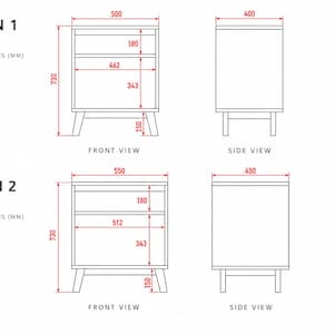 Puede incluir: Dibujo t&eacute;cnico de dos versiones de mesita de noche con vistas frontales y laterales. La versi&oacute;n 1 mide 500mm de ancho y 400mm de fondo. La versi&oacute;n 2 mide 550mm de ancho y 450mm de fondo. Ambas tienen 730mm de alto y patas de 150mm.