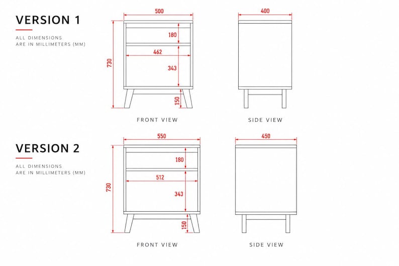 Puede incluir: Dibujo t&eacute;cnico de dos versiones de mesita de noche con vistas frontales y laterales. La versi&oacute;n 1 mide 500mm de ancho y 400mm de fondo. La versi&oacute;n 2 mide 550mm de ancho y 450mm de fondo. Ambas tienen 730mm de alto y patas de 150mm.
