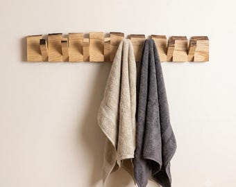 Handmade Solid Oak Coat Rack Wall Mounted, Natural Wood Hook Rail, Entryway Coat Hooks, Hallway Organizer, Towel Rack, Rustic Design