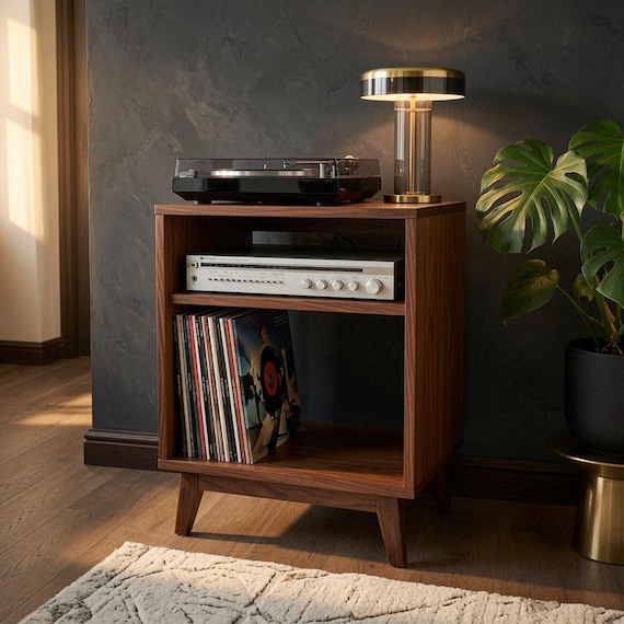 Brown Mid Century Modern Vinyl Record Player Stand, Vinyl Record Storage, Wood Vinyl Records Storage, Modern design Record Storage