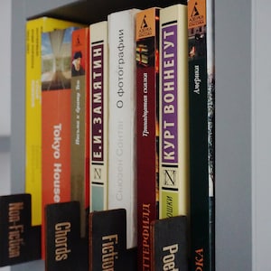 Puede incluir: Una estanter&iacute;a con una variedad de libros, incluyendo "E.I. Zamyatin", "Susan Sontag: On Photography", "Kurt Vonnegut" y "Kafka: Amerika". Los libros est&aacute;n organizados por g&eacute;nero, con etiquetas para "No ficci&oacute;n", "Ficci&oacute;n", "Acorde", "Poes&iacute;a" y "Setterfield".