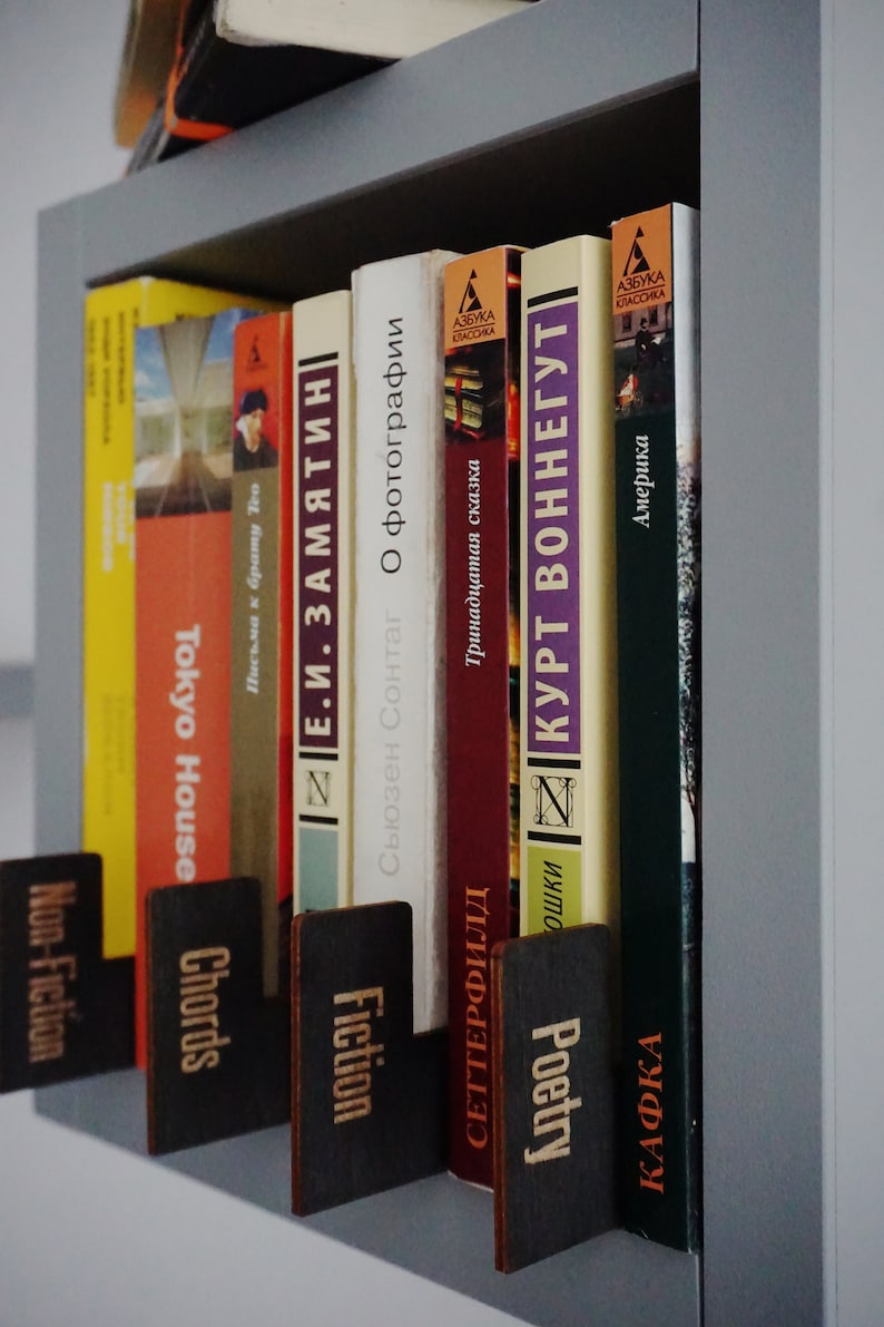 Puede incluir: Una estanter&iacute;a con una variedad de libros, incluyendo "E.I. Zamyatin", "Susan Sontag: On Photography", "Kurt Vonnegut" y "Kafka: Amerika". Los libros est&aacute;n organizados por g&eacute;nero, con etiquetas para "No ficci&oacute;n", "Ficci&oacute;n", "Acorde", "Poes&iacute;a" y "Setterfield".