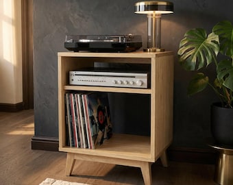Brown Mid Century Modern Vinyl Record Player Stand, Vinyl Record Storage, Wood Vinyl Records Storage, Veneer Modern design Record Storage