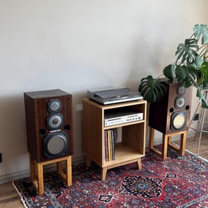 Puede incluir: Dos altavoces de madera oscura con tres controladores circulares cada uno, sobre soportes de madera clara. Entre ellos, un mueble de audio de madera clara sostiene un tocadiscos plateado, un receptor y discos de vinilo.