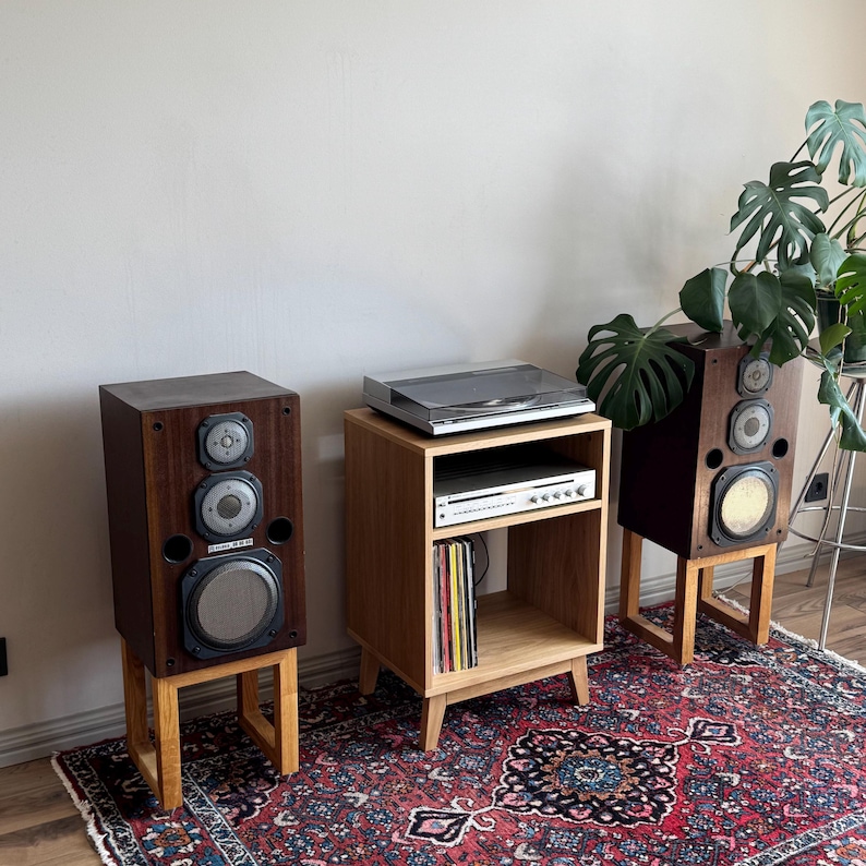 Puede incluir: Dos altavoces de madera oscura con tres controladores circulares cada uno, sobre soportes de madera clara. Entre ellos, un mueble de audio de madera clara sostiene un tocadiscos plateado, un receptor y discos de vinilo.