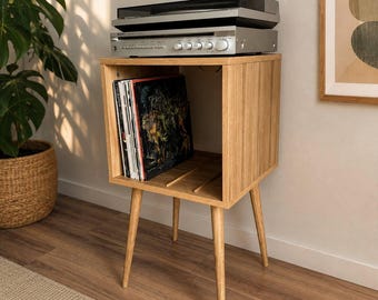Brown Mid Century Modern Vinyl Record Player Stand, Vinyl Record Storage, Wood Vinyl Records Storage, Modern design Record Storage