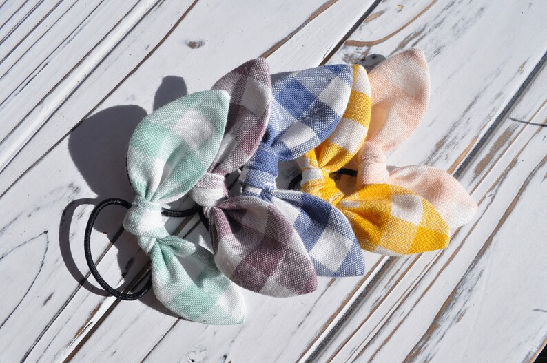 Girls Gingham Bow Hair Tie Set of 2 or 4 | Girls Toddler Checker Bow Hair Tie | Girls Cotton Bow Hair Tie | Toddler Gingham Hair Bow Tie