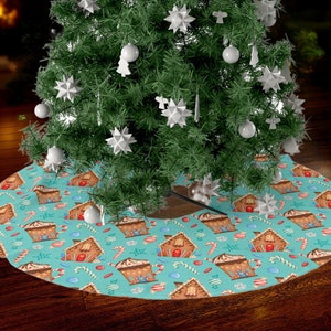 Adorable Gingerbread House Christmas Tree Skirt on Turquoise Background - Gingerbread House - Holiday Tree Skirt - Gingerbread Decor