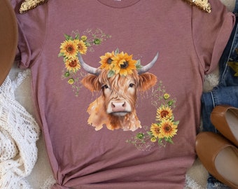 Watercolor Highland Cow with Sunflowers T-Shirt - Highland Cow Shirt - Fall Shirt - Cute Cow Shirt - Farm Animal Shirt - Farm Life - Heifer