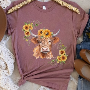 Watercolor Highland Cow with Sunflowers T-Shirt - Highland Cow Shirt - Fall Shirt - Cute Cow Shirt - Farm Animal Shirt - Farm Life - Heifer