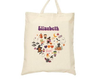 Personalized Trick or Treat Bag Cotton Canvas Tote Bag Cute Halloween Heart Collage Trick-or-Treat Bag Custom Halloween Bag Kids Halloween