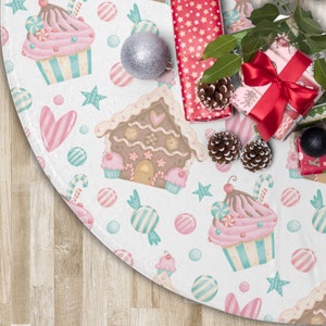Whimsical Pastel Christmas Tree Skirt with Cupcakes, Candies, and Gingerbread House - Gingerbread House - Matching Stockings Available