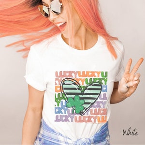St Patricks Day Shirt - Rainbow Colored Lucky Pattern with Heart and Shamrock Shirt - Lucky Shirt - Four Leaf Clover - St Pattys Day