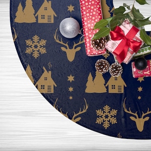 Christmas Tree Skirt - Navy Tree Skirt with Gold Winter Graphics - Xmas Tree Skirt - Christmas Decor - Christmas Decoration - Deer Decor